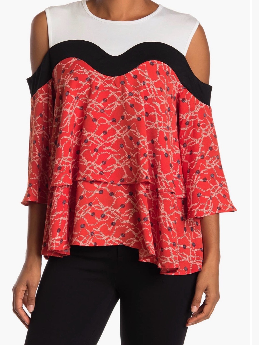 Patrizia Luca Red Cold-Shoulder Tiered Blouse with Black & White Yoke